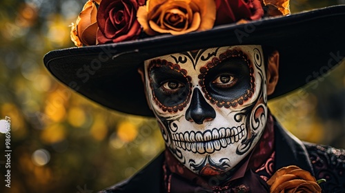Day of the Dead, sugar skull in black hat and red roses