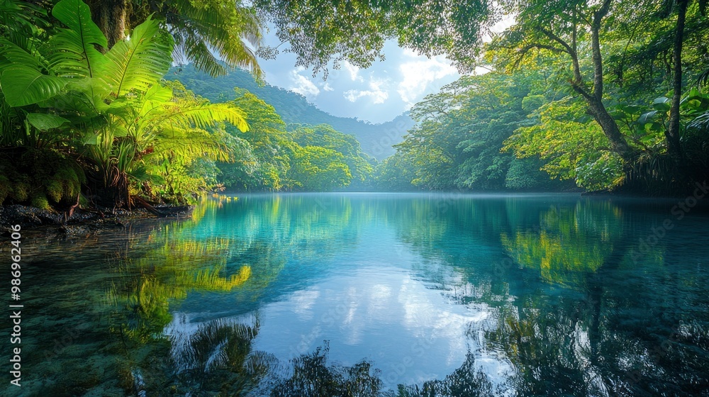 A picturesque photograph of a hidden, tranquil lagoon surrounded by lush tropical rainforest. The still waters reflect the vibrant colors of the foliage and the serene atmosphere enhances the beauty A picturesque photograph of a hidden, tranquil lagoon surrounded by lush tropical rainforest. The still waters reflect the vibrant colors of the foliage and the serene atmosphere enhances the beauty