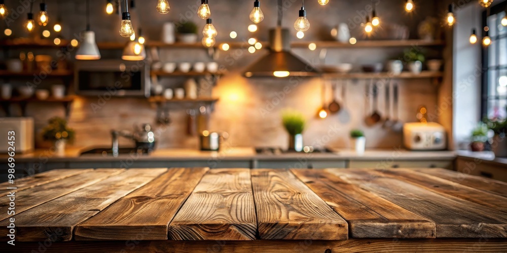 Rustic farmhouse kitchen background with an empty wooden table top and out of focus lights bokeh Rustic farmhouse kitchen background with an empty wooden table top and out of focus lights bokeh