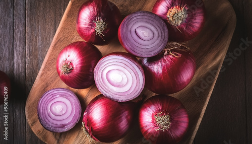 red onion in wooden cutting board isolated on wooden background