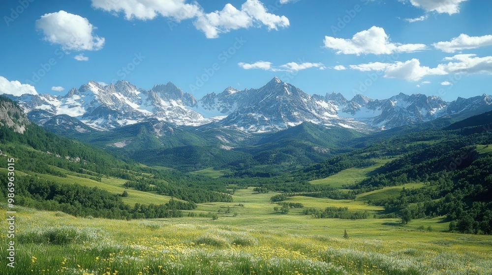 Obraz premium A breathtaking view of a remote, untouched mountain range with snow-capped peaks and rolling green valleys. The clear blue sky and the gentle light of the early morning sun highlight the raw beauty