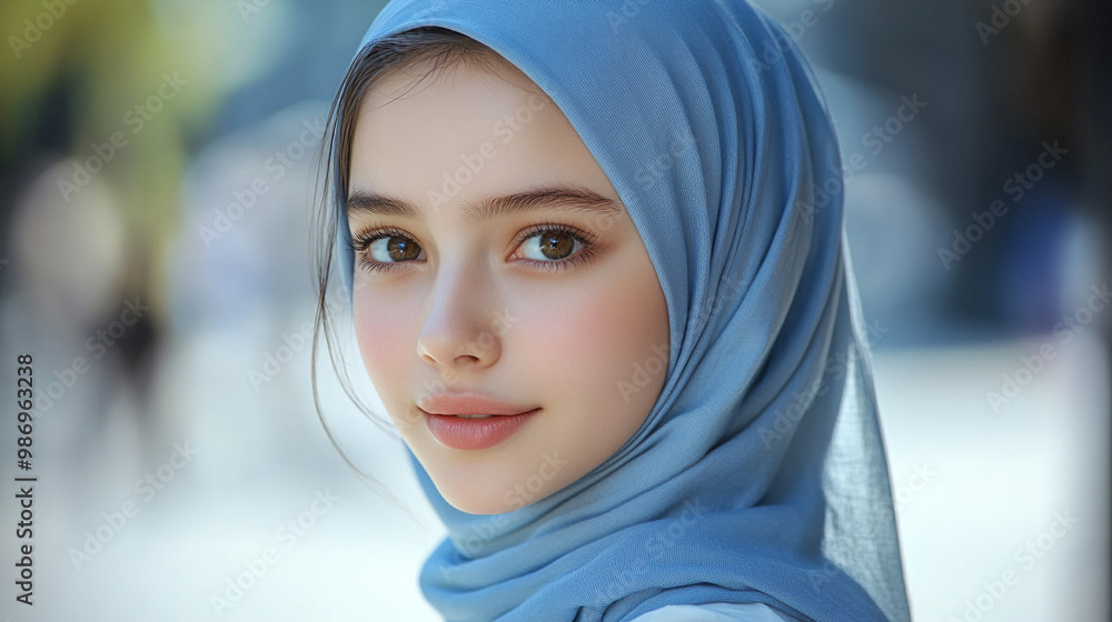 A serene portrait of a young woman wearing a blue hijab, capturing grace and tranquility in a vibrant outdoor setting. A serene portrait of a young woman wearing a blue hijab, capturing grace and tranquility in a vibrant outdoor setting.