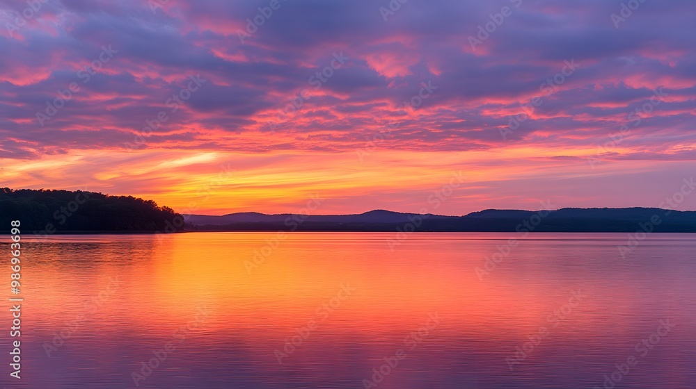Fototapeta premium Panorama of a stunning sunset with a wide view of the horizon.