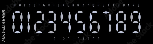 Digital geometric font, clean segmented design mimicking LED displays. Minimalist style alphabet for futuristic and tech themes, sports branding, jersey numbers, team merchandise. Vector typeset