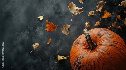 A close-up of a pumpkins textured surface with leaves gently falling around it, against a dark charcoal-colored background, halloween, pumpkins photo