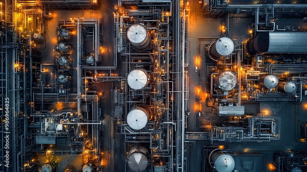 A large industrial plant with many tanks and pipes. The image is taken from a high angle, giving a bird's eye view of the plant. Scene is industrial and somewhat ominous A large industrial plant with many tanks and pipes. The image is taken from a high angle, giving a bird's eye view of the plant. Scene is industrial and somewhat ominous