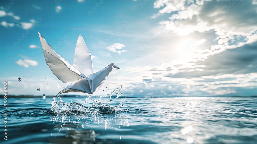 Origami Dove Flying From Water Symbolizing Hope And Peace Origami Dove Flying From Water Symbolizing Hope And Peace