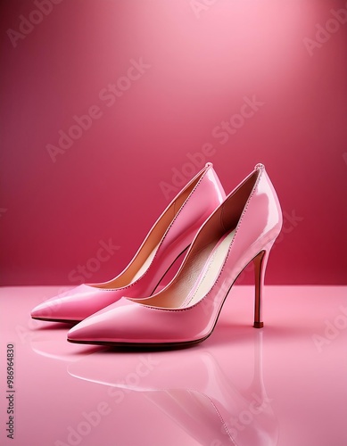 Pink high heel shoes isolated on a pink background. Wedding shoes. photo