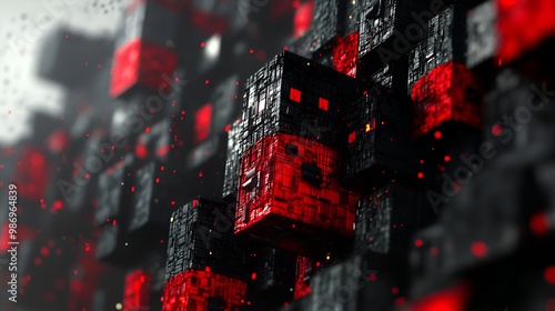 Abstract digital art showcasing a vibrant blend of red and black geometric shapes with a three-dimensional effect in a dark background