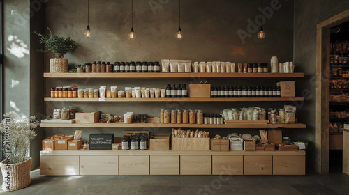  Zero waste store interior. Wooden shelves with various food products and personal care or cosmetics in a plastic-free grocery store