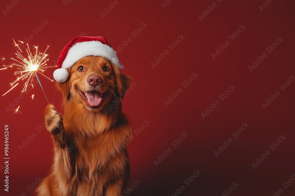 Dog is holding a sparkler in its mouth and wearing a Santa hat. Dog is enjoying the moment. Cute happy animal in a Santa hat holding a sparkler in his paw on a plain red background with copy space Dog is holding a sparkler in its mouth and wearing a Santa hat. Dog is enjoying the moment. Cute happy animal in a Santa hat holding a sparkler in his paw on a plain red background with copy space
