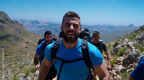 Hikers smile as they trek up a sunlit mountain trail, their spirits lifted by the summer breeze. photo