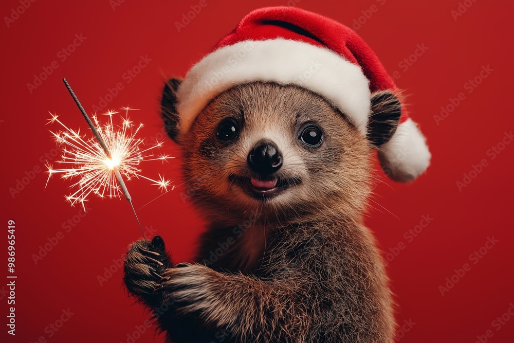 Small brown bear is holding a sparkler in its mouth and wearing a red hat. Cute happy animal in a Santa hat holding a sparkler in his paw on a plain red background with copy space Small brown bear is holding a sparkler in its mouth and wearing a red hat. Cute happy animal in a Santa hat holding a sparkler in his paw on a plain red background with copy space
