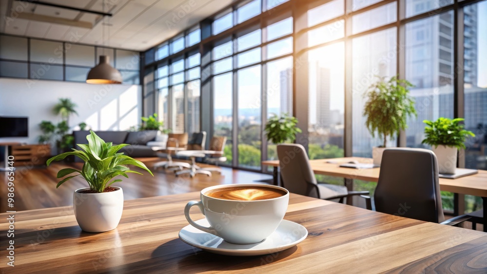 A stylish modern workplace with a cup of freshly brewed coffee A stylish modern workplace with a cup of freshly brewed coffee