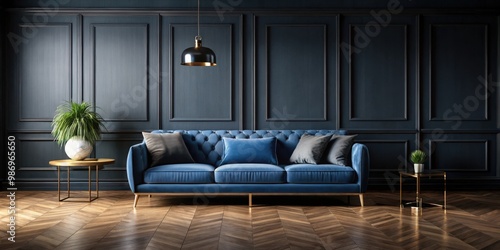 Dark living room featuring a blue sofa on wooden flooring against a black wall