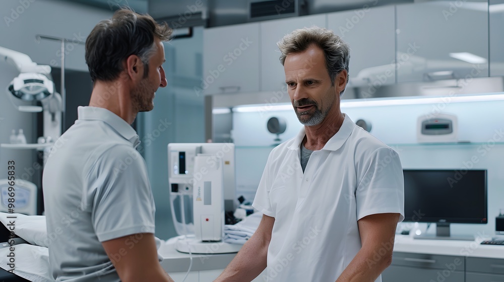 Obraz premium Physiotherapist examining the shoulder joint of a male patient in a modern clinic.