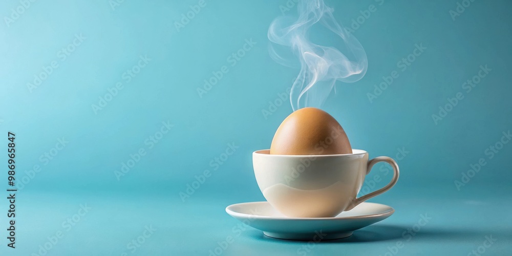 Minimalist coffee cup made from egg shell with smoke on pastel blue background, perfect for a unique concept photo shoot