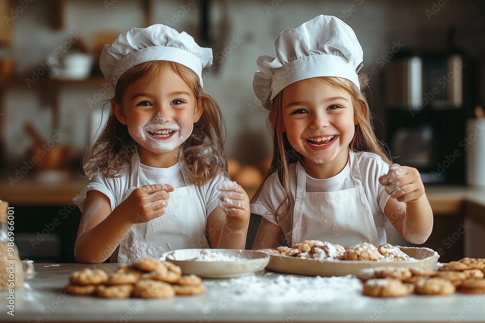 Happy family funny kids baking cookies in kitchen Happy family funny kids baking cookies in kitchen