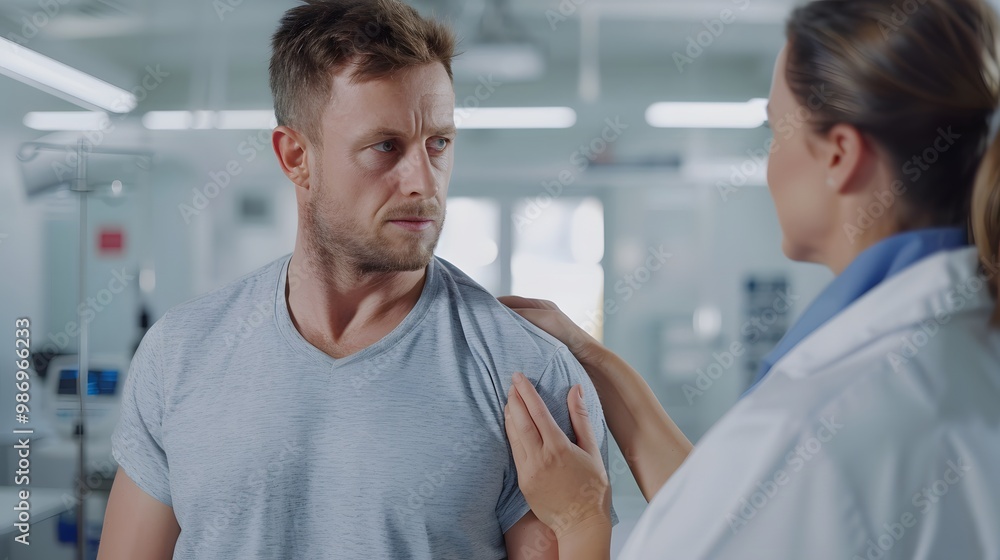Obraz premium Physiotherapist examining the shoulder joint of a male patient in a modern clinic.