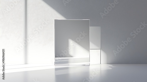 Sunlight and shadows dance through a minimalist white room, creating a serene atmosphere.