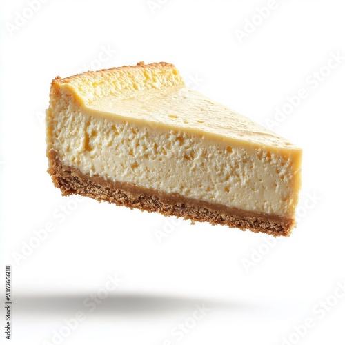 Cheesecake flying isolated on white background, adding a playful and whimsical effect.