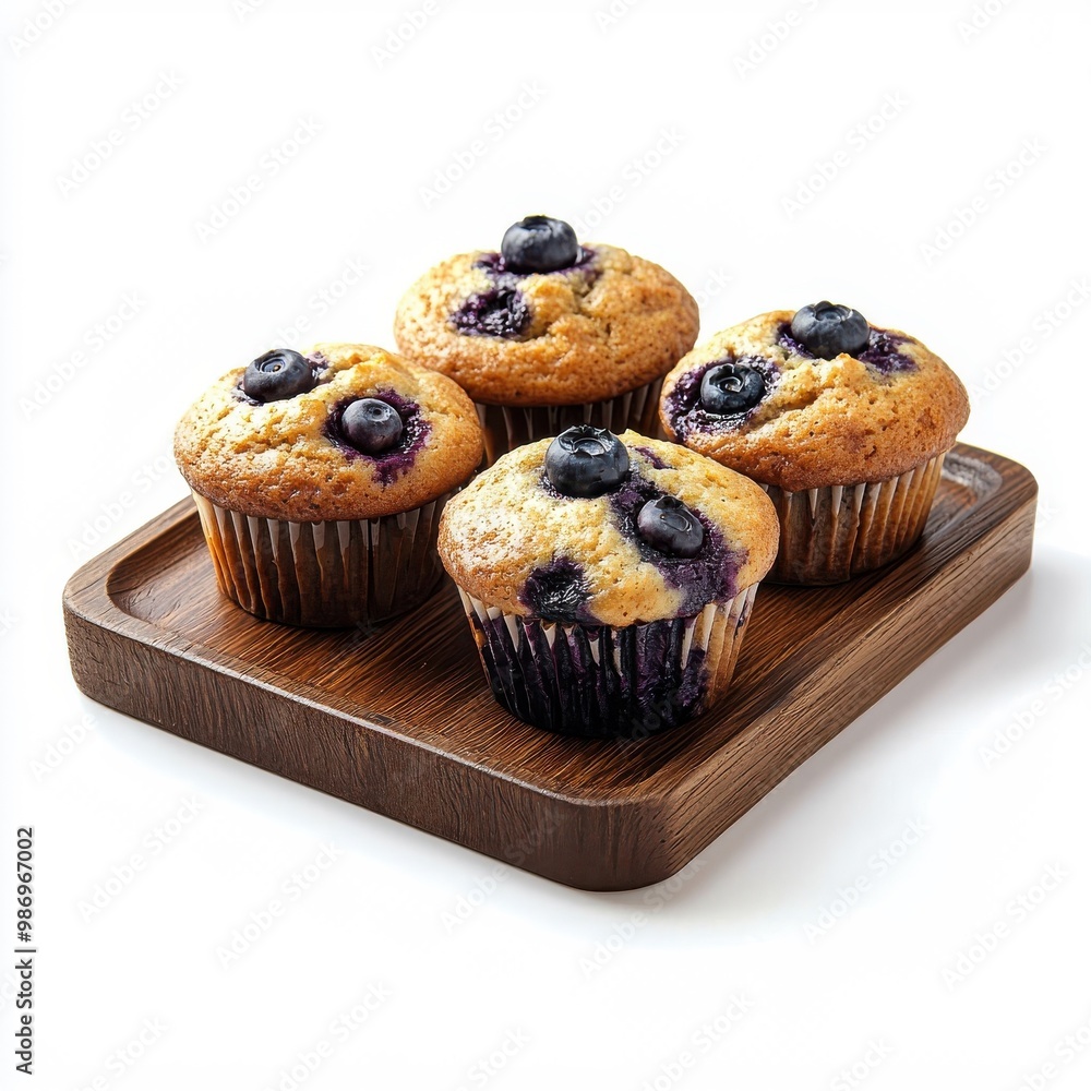 Blueberry muffins on wooden tray isolated on white, showcasing rustic and homey touch. Blueberry muffins on wooden tray isolated on white, showcasing rustic and homey touch.