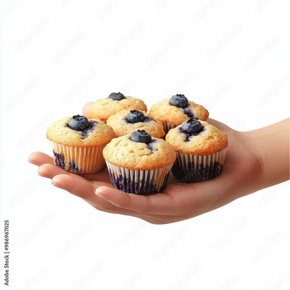 Hand holding blueberry muffins isolated on white, focusing on the act of holding and serving. Hand holding blueberry muffins isolated on white, focusing on the act of holding and serving.