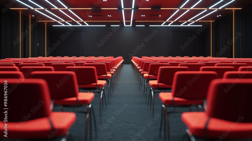 Fototapeta premium Rear View of Empty Conference Hall with Red Chairs
