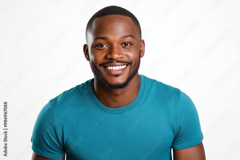 Man with a blue shirt and a beard is smiling. He is wearing a blue shirt. black male, looking up into camera, smiling, camera from top down Man with a blue shirt and a beard is smiling. He is wearing a blue shirt. black male, looking up into camera, smiling, camera from top down