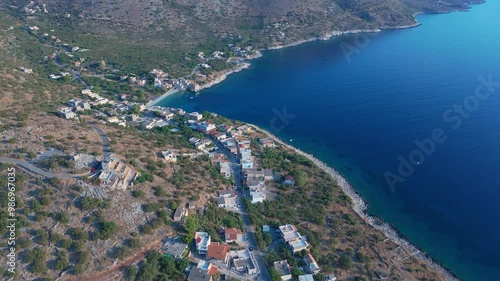 greece peloponnese region kokkala town seaside and architecture stone houses beaches and church aerial view photo