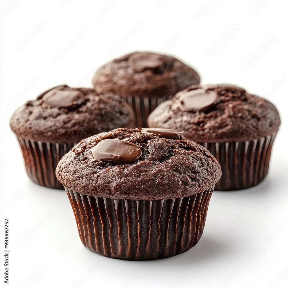 Chocolate muffins isolated on white background, emphasizing their rich, deep brown color and texture. Chocolate muffins isolated on white background, emphasizing their rich, deep brown color and texture.