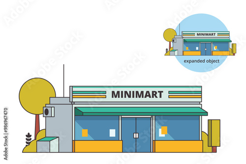 Vector illustration element of Convenience Store minimarket building with Outline, minimart and store building flat design style for city and background illustration