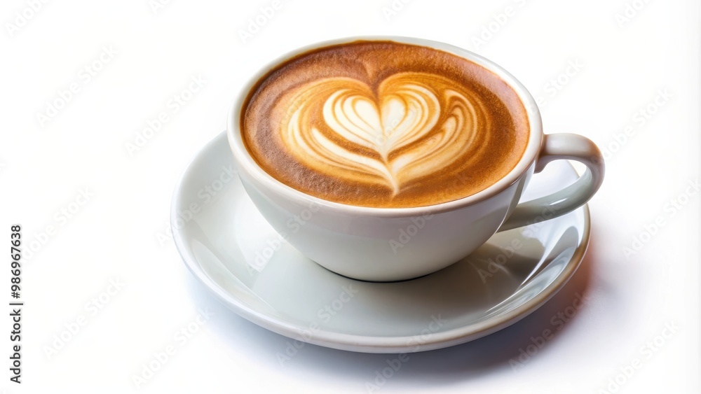 A cup of hot coffee latte with a heart-shaped latte art on top, isolated on white background A cup of hot coffee latte with a heart-shaped latte art on top, isolated on white background