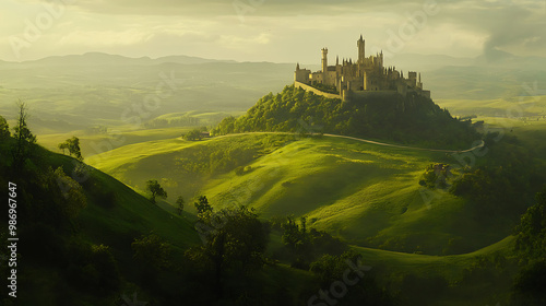 Historical castle perched on a hill, surrounded by rolling green landscapes photo