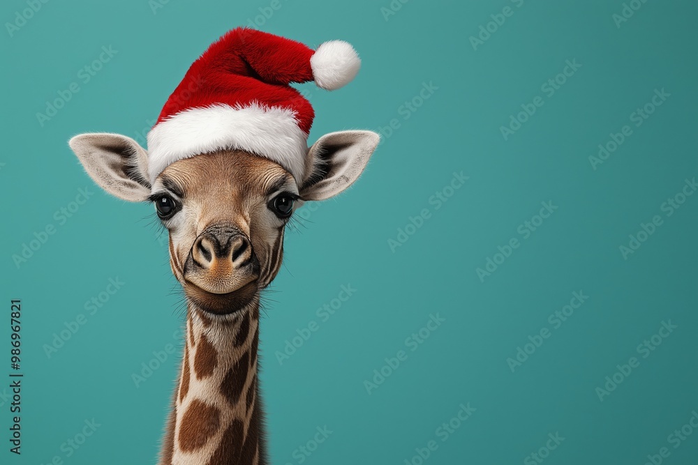 Giraffe wearing a red hat and a santa hat. The giraffe is smiling. Happy cute smiling animal wearing a red santa hat isolated on a solid colored background with a copy space banner mockup. Giraffe wearing a red hat and a santa hat. The giraffe is smiling. Happy cute smiling animal wearing a red santa hat isolated on a solid colored background with a copy space banner mockup.