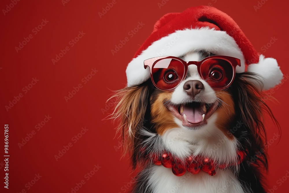 Dog wearing a red hat and smiling. The hat is decorated with glitter. Happy cute smiling animal wearing a red santa hat. isolated on a solid colored background with a copy space banner mockup. Dog wearing a red hat and smiling. The hat is decorated with glitter. Happy cute smiling animal wearing a red santa hat. isolated on a solid colored background with a copy space banner mockup.