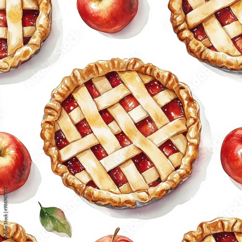 Seamless watercolor pattern of apple pie isolated on a white background, offering a creative and artistic view. photo