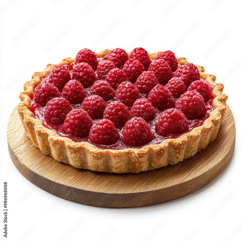 Raspberry pie on a wooden tray isolated on a white background, giving a rustic and homely feel. Raspberry pie on a wooden tray isolated on a white background, giving a rustic and homely feel.