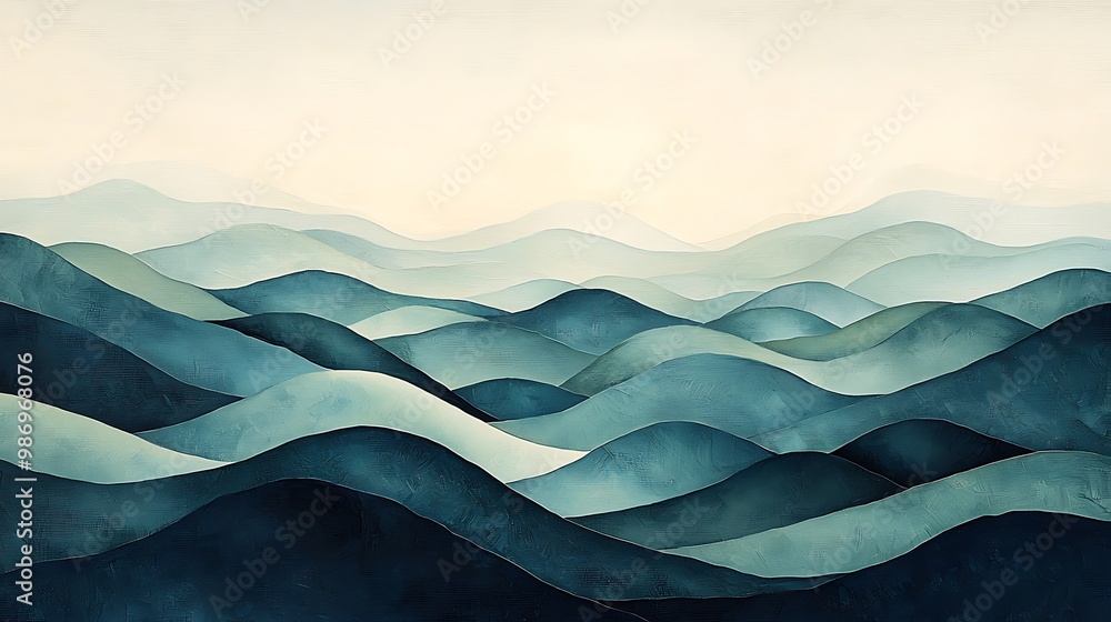 An abstract teal mountain landscape forms a peaceful, natural composition. An abstract teal mountain landscape forms a peaceful, natural composition.