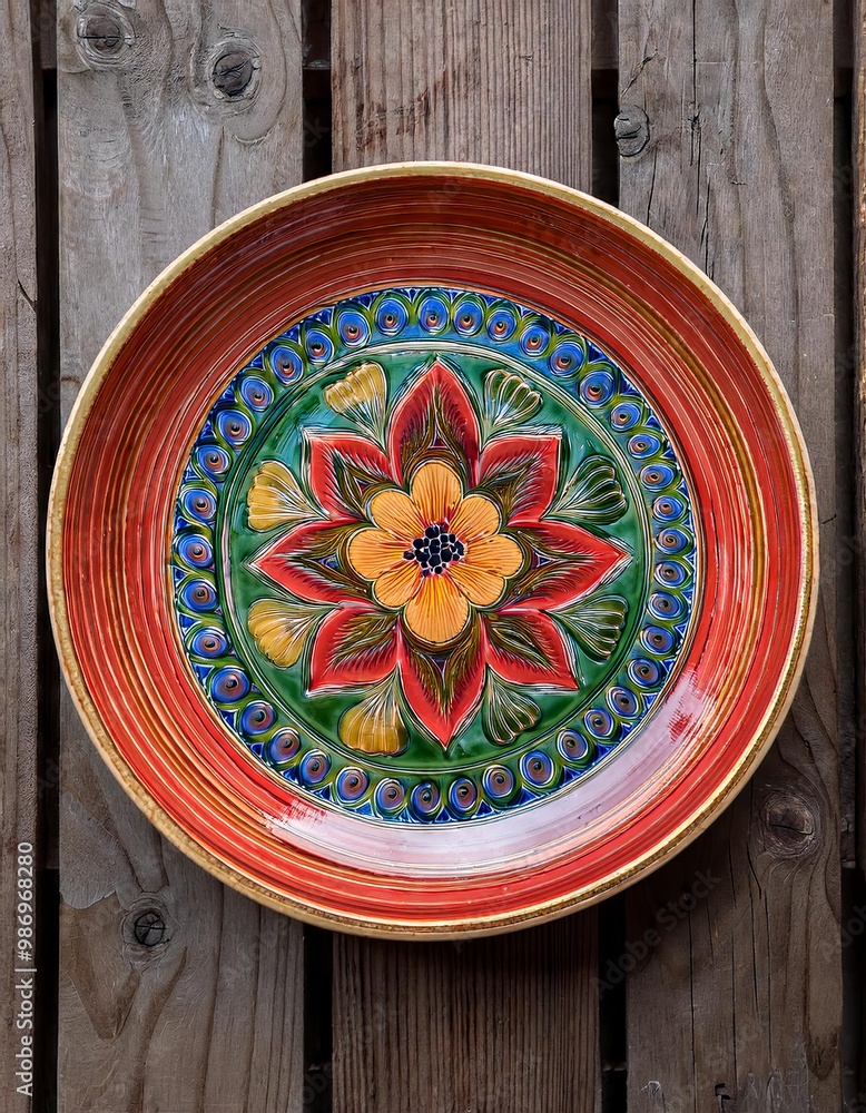 Plate with flowers on a wooden background. View from above. Plate with flowers on a wooden background. View from above.