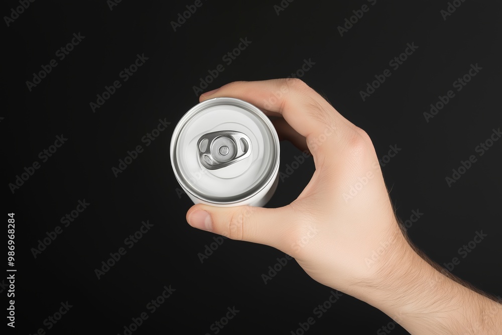 Hand holding a can with a tab on it. The can is white. a hand grab a white label can of energy drink in foco, falling back a little in black background Hand holding a can with a tab on it. The can is white. a hand grab a white label can of energy drink in foco, falling back a little in black background
