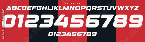 Dynamic bold athletic font, strong impactful numbers and letters for sports branding, team jerseys, modern posters, automotive energetic designs. Vector typeset