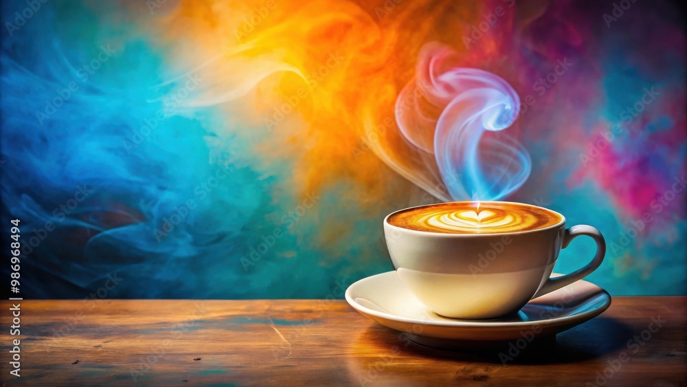 A steaming hot coffee with latte art on a vibrant color background A steaming hot coffee with latte art on a vibrant color background