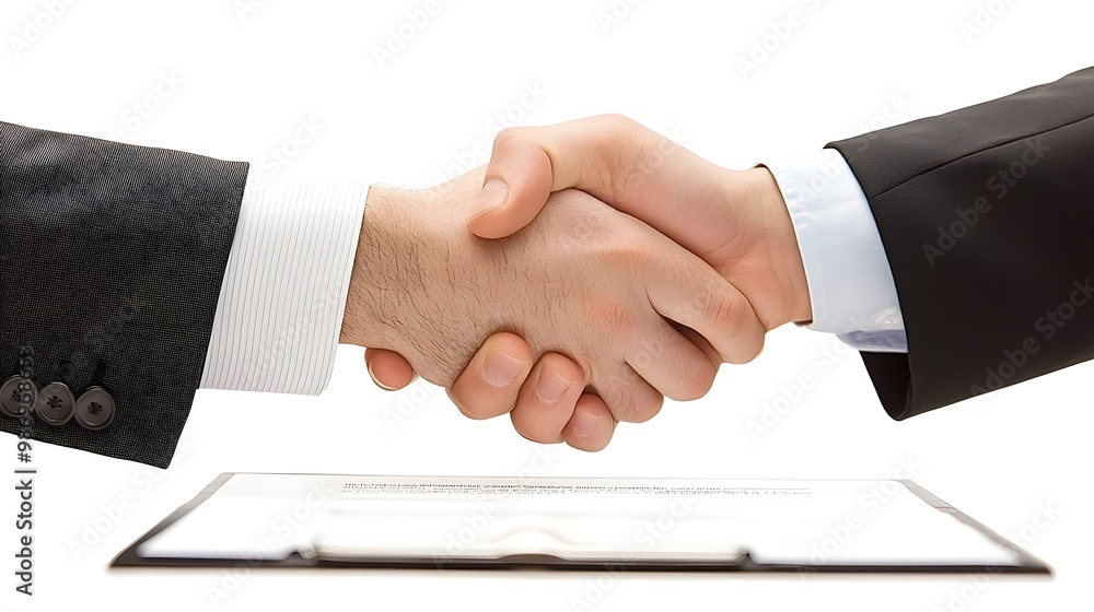 Handshake Over Neatly Arranged Business Contract Symbolizing Partnership and Handshake Over Neatly Arranged Business Contract Symbolizing Partnership and