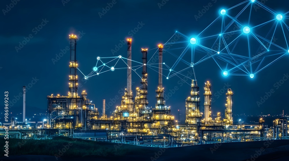 Fototapeta premium A network of lights and lines is displayed over a large industrial area. The lights and lines are connected to each other, creating a sense of interconnectedness and communication