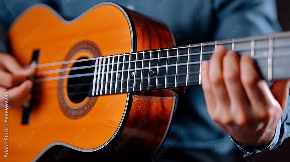 A closeup captures hands playing an acoustic guitar, fingers moving gracefully over the strings. A closeup captures hands playing an acoustic guitar, fingers moving gracefully over the strings.