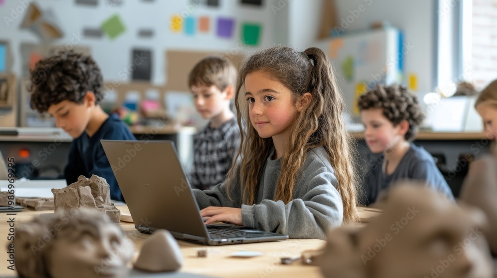 Engaged students on laptops in a digital classroom side, while traditional learners explore tactile materials like clay and paper on the analog side Engaged students on laptops in a digital classroom side, while traditional learners explore tactile materials like clay and paper on the analog side