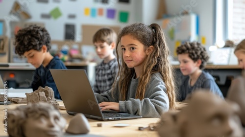 Engaged students on laptops in a digital classroom side, while traditional learners explore tactile materials like clay and paper on the analog side