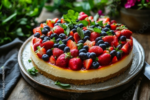 Delicious cheesecake adorned with fresh strawberries, blueberries, and mint leaves. A perfect dessert for summer gatherings and celebrations. Generative AI photo