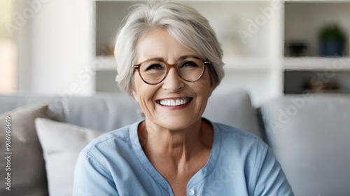 A portrait of an elegant middle-aged woman with short, silver hair and glasses, smiling while sitting on the couch in her home, wearing a blue shirt.